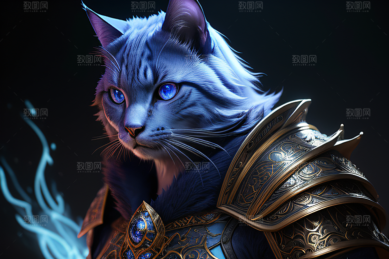 神秘猫法师蓝眼威严盔甲璀璨光影