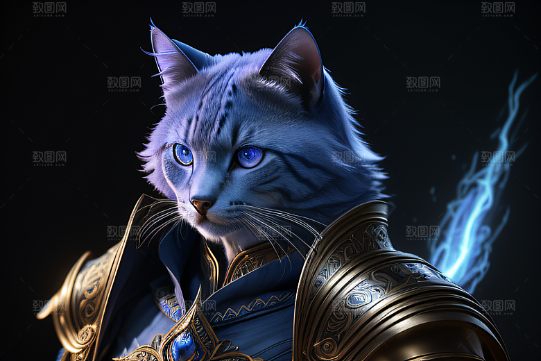 神秘猫法师蓝眼威严盔甲璀璨光影