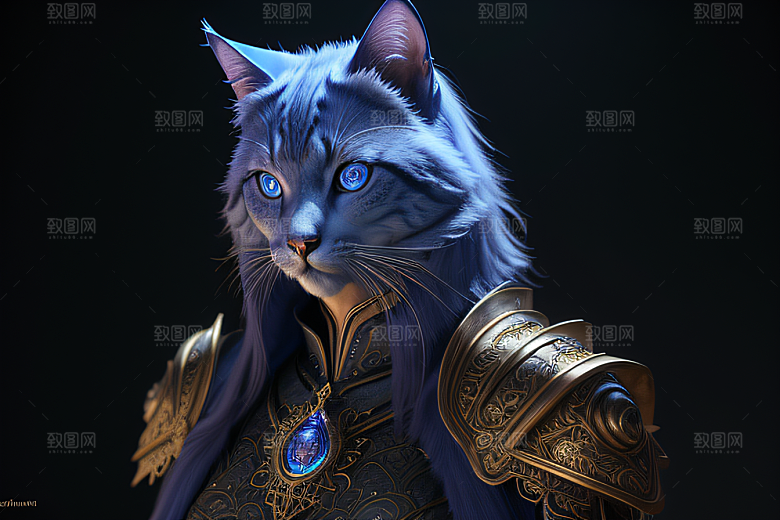 神秘猫法师蓝眼威严盔甲璀璨光影