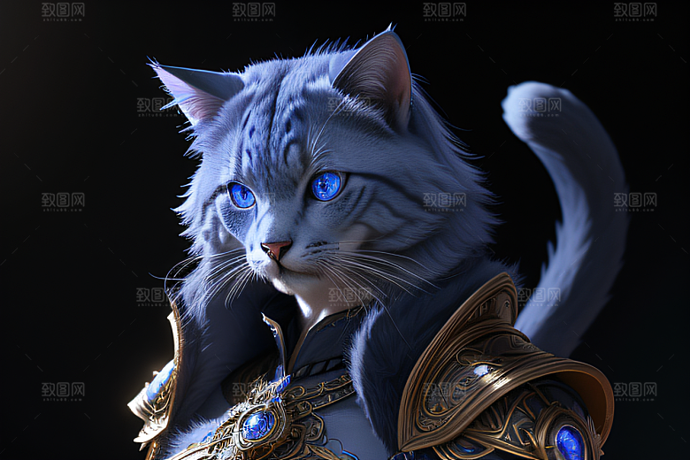 神秘猫法师蓝眼威严盔甲璀璨光影