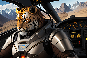 褐色异形驾驶舱中的金属盔甲狮虎战士
