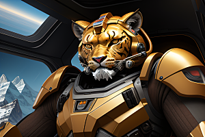 金属盔甲空间战士异形驾驶舱中的狮虎