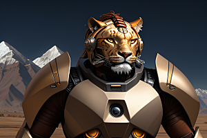 褐色异形驾驶舱中的金属盔甲狮虎战士