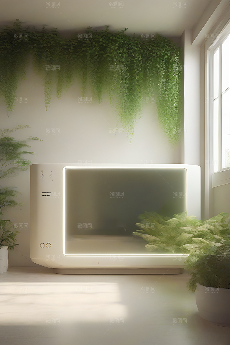 墙边白色家电绿植远处