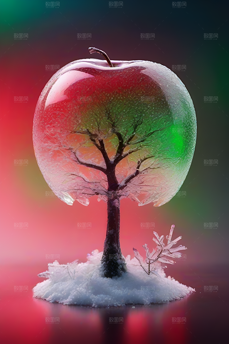 红绿渐变水晶苹果的绚丽