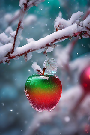 覆雪枝条下的清晰晶莹