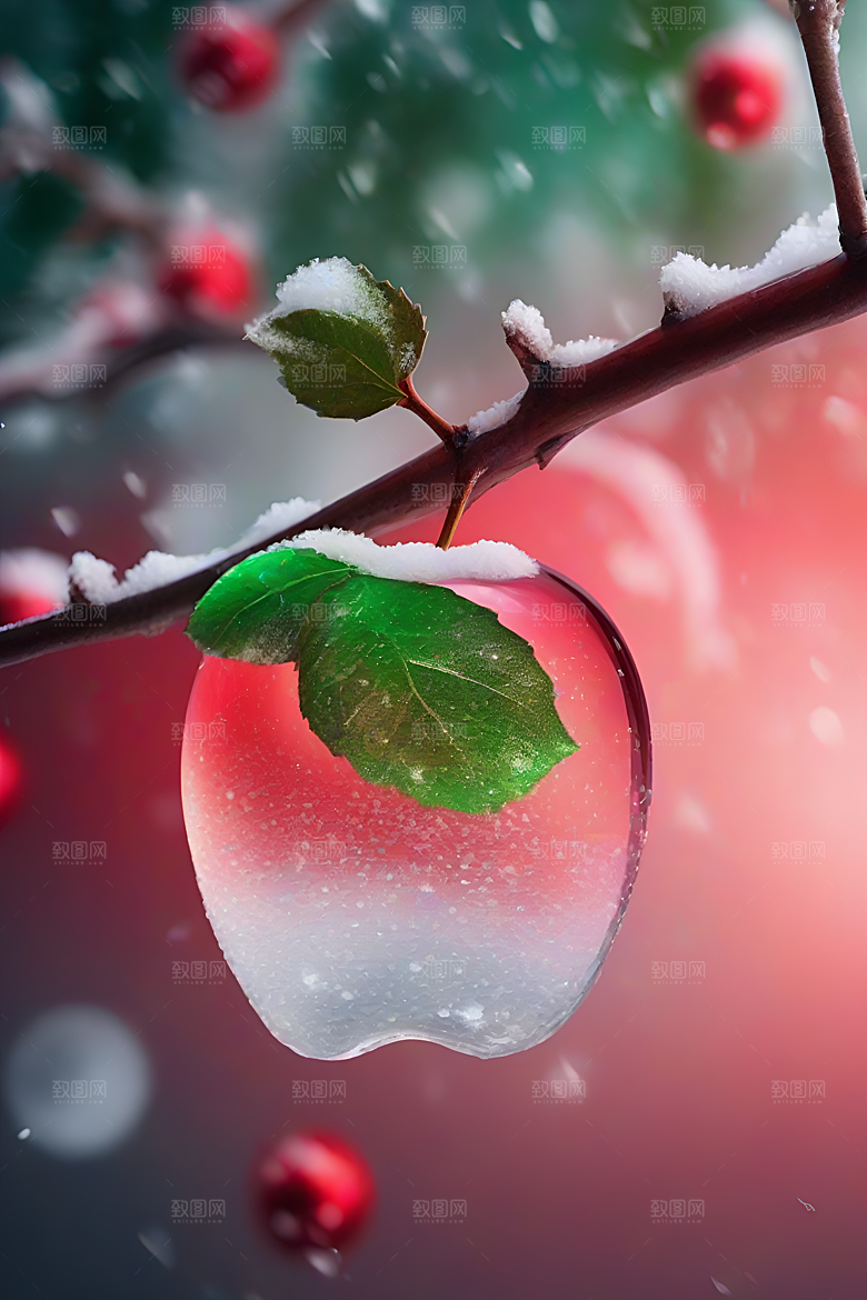 覆雪枝条下的清晰晶莹