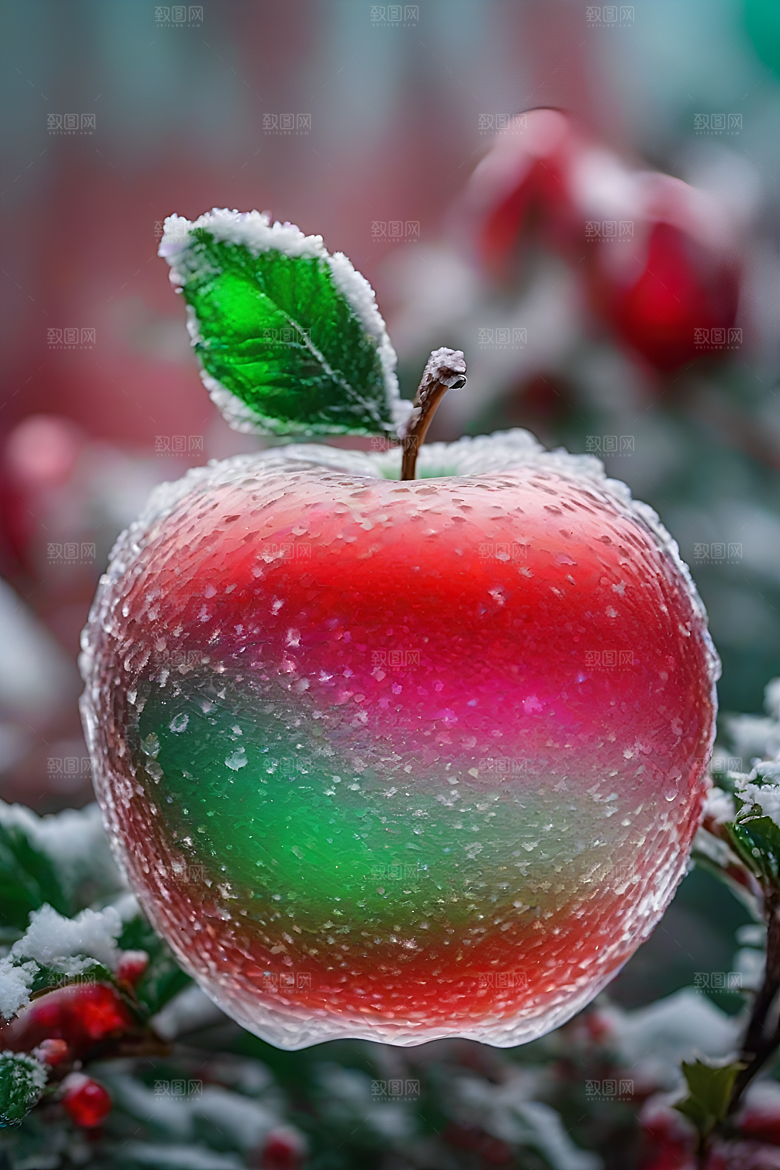 覆雪枝条下的清晰晶莹