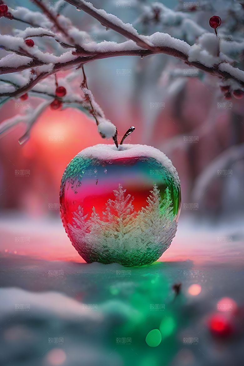 覆雪枝条下的清晰晶莹