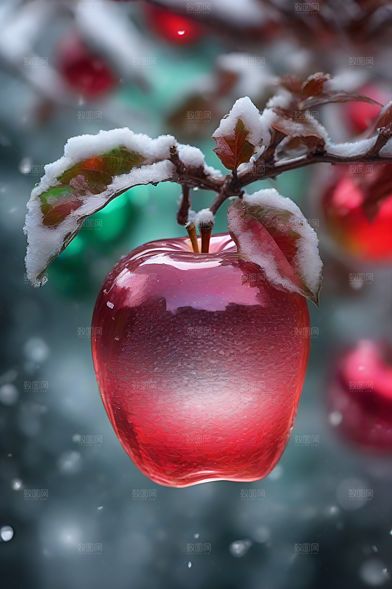 覆雪枝条下的清晰晶莹