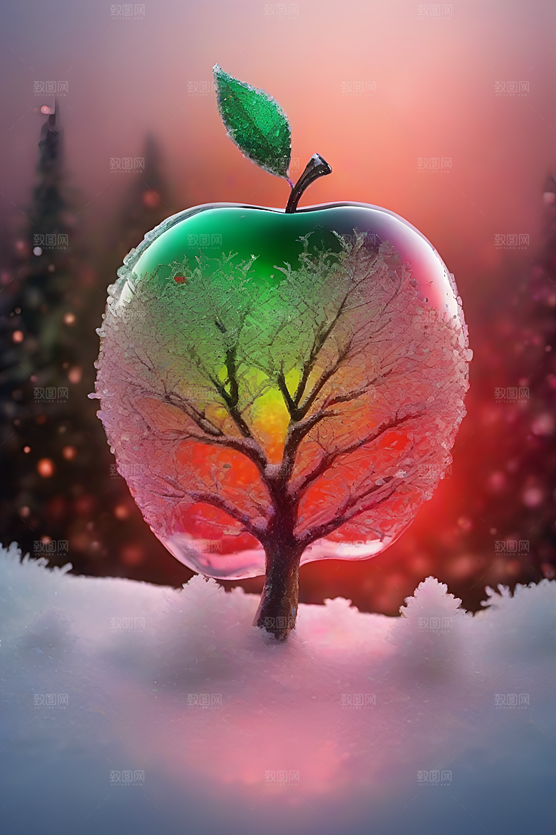 覆雪枝条下的清晰晶莹