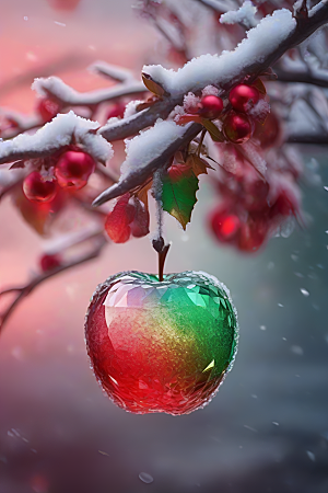 覆雪枝条下的清晰晶莹