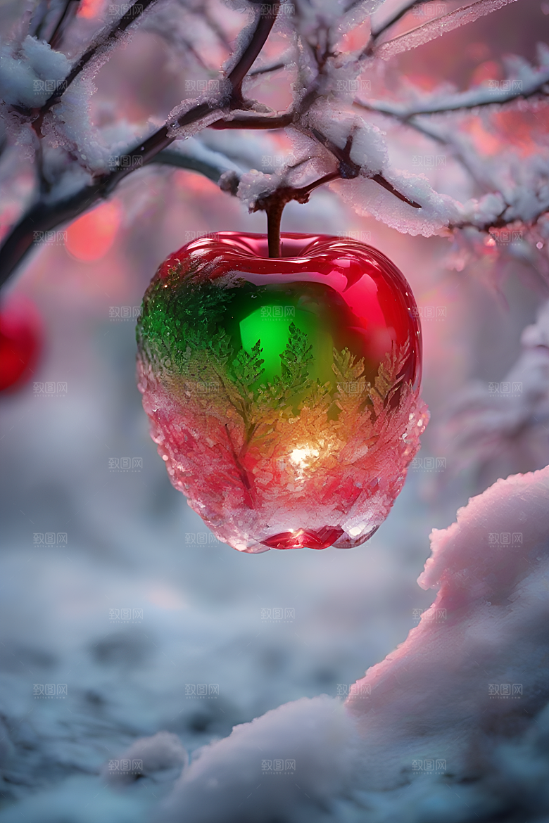 枝条覆雪下的晶莹剔透