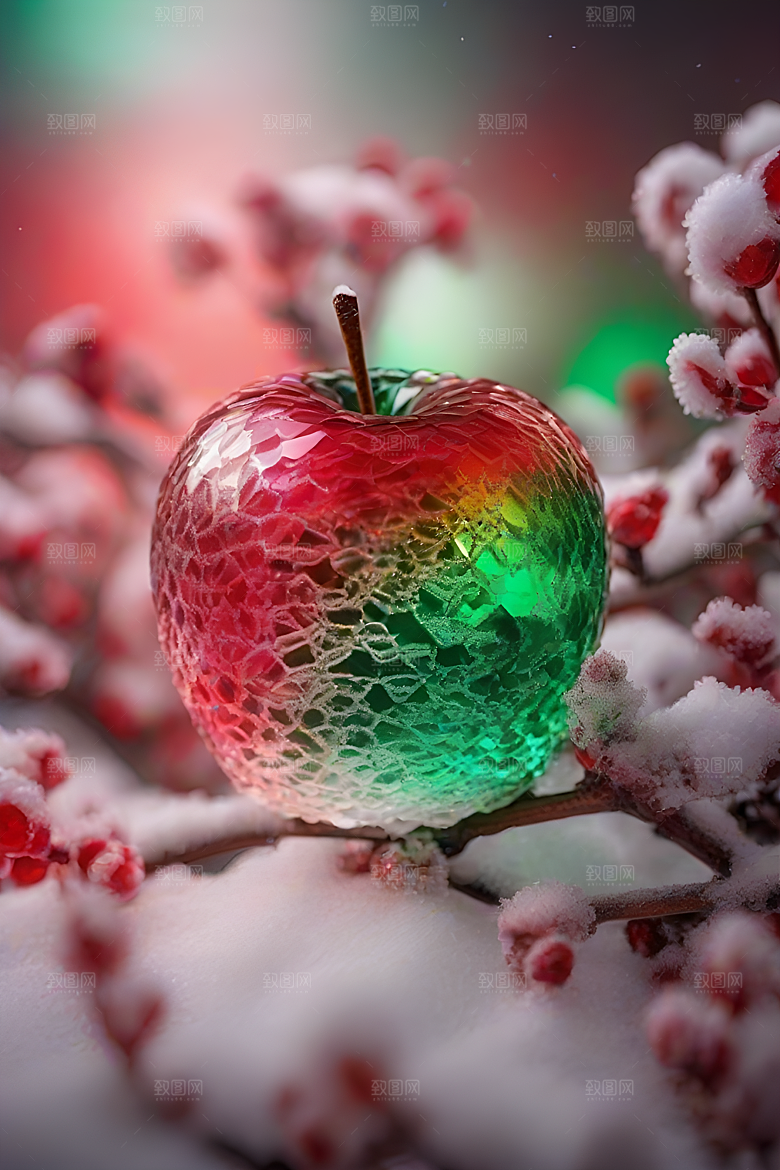 枝条覆雪下的晶莹剔透