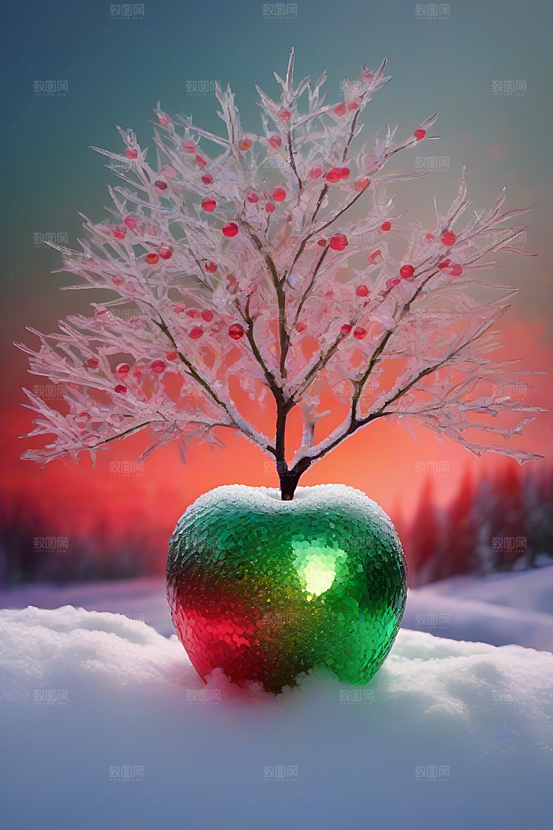 覆雪枝条下的晶莹苹果