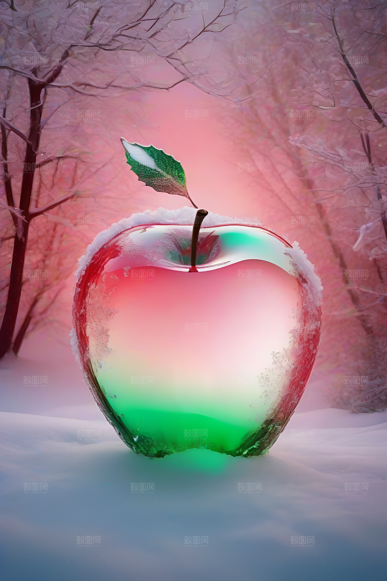 覆雪枝条下的晶莹苹果