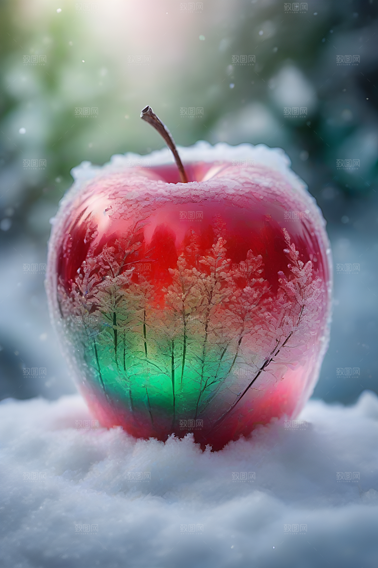 覆雪枝条下的晶莹苹果