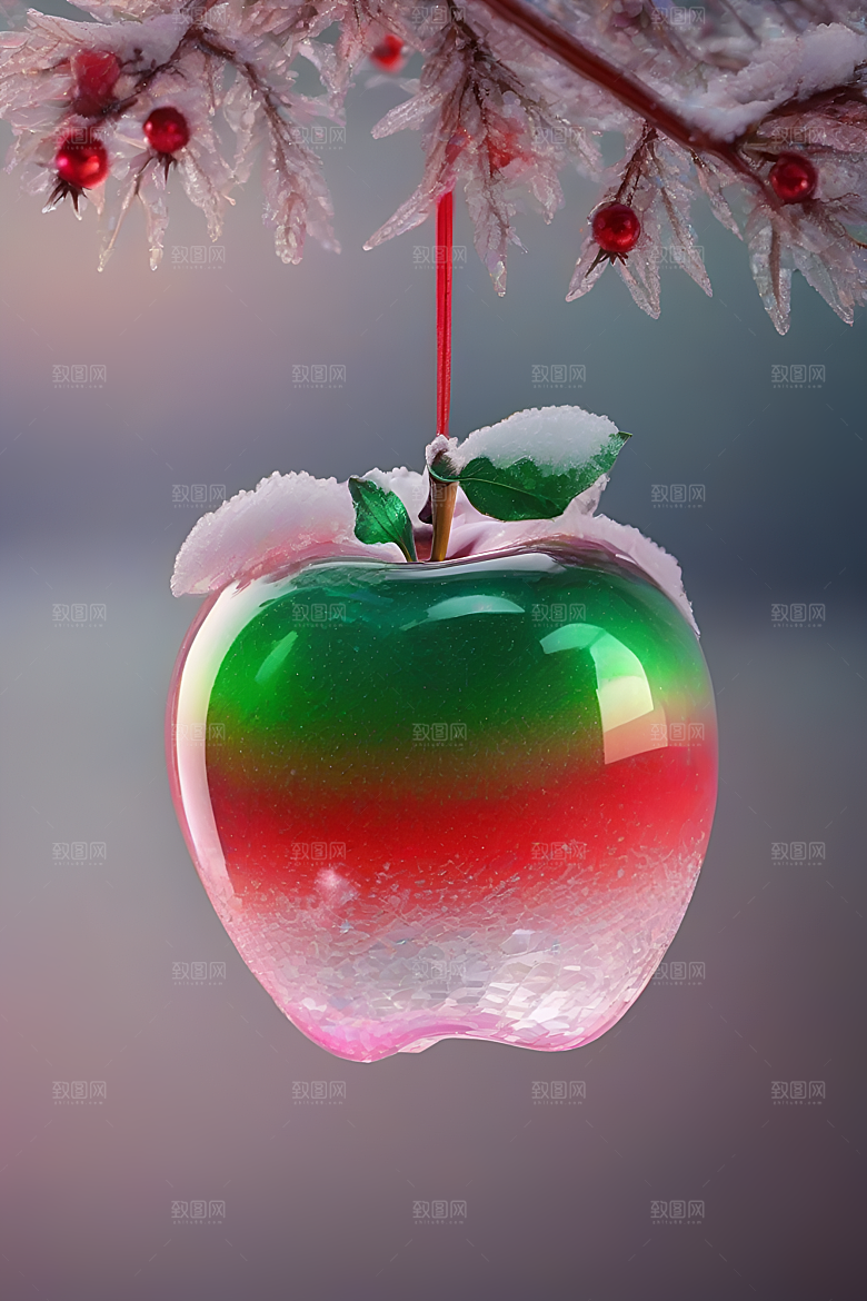 覆雪枝条下的晶莹苹果