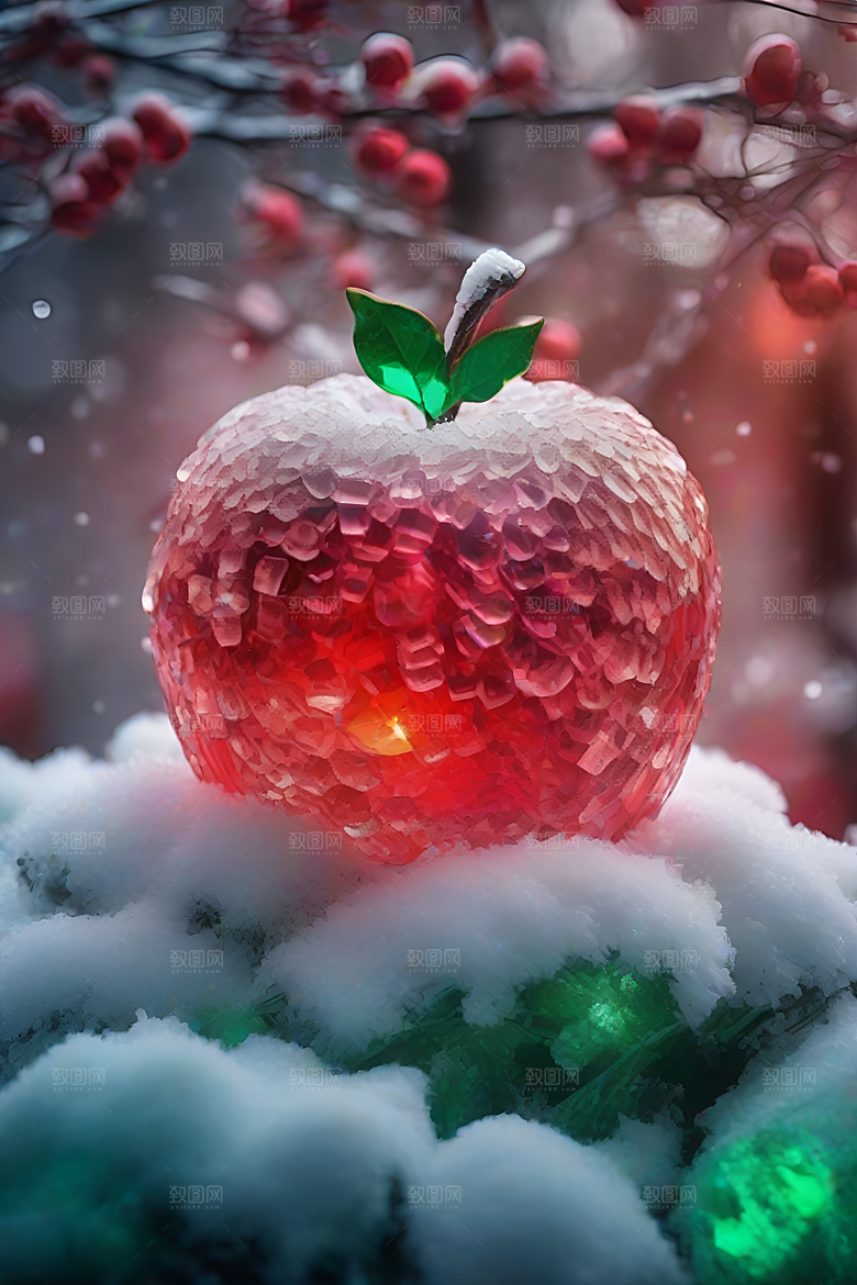 覆雪枝条下的晶莹苹果
