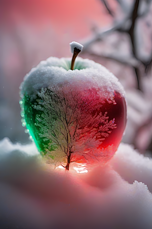 覆雪枝条下的晶莹苹果