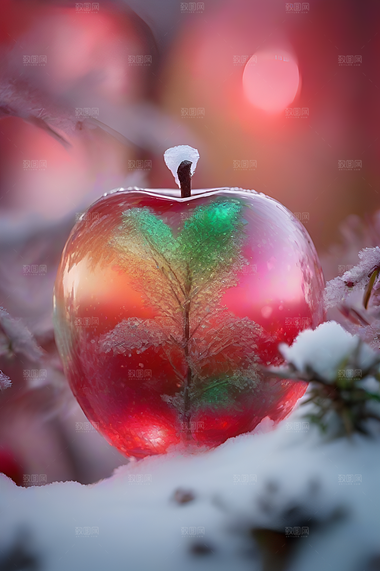 覆雪枝条下的晶莹苹果
