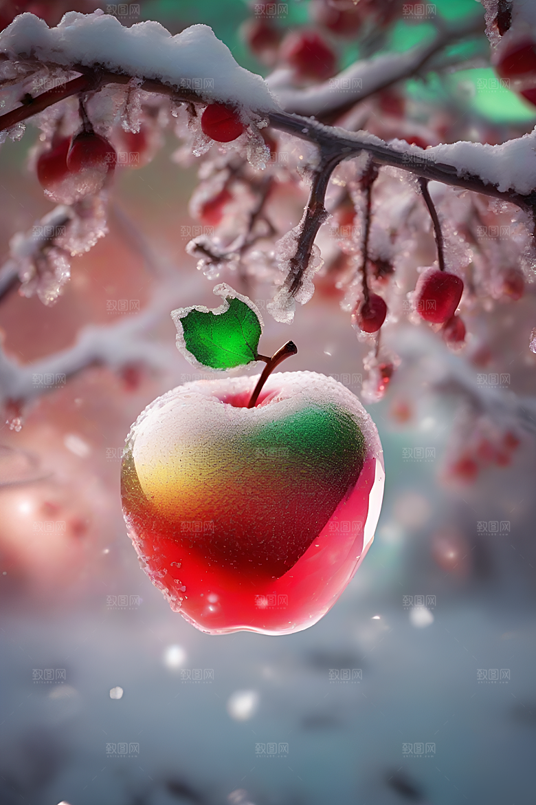 覆雪枝条下的晶莹苹果