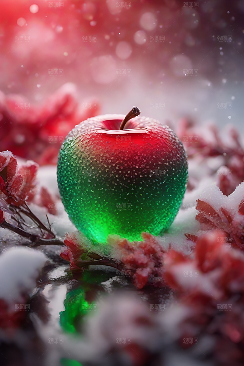 覆雪枝条下的晶莹苹果
