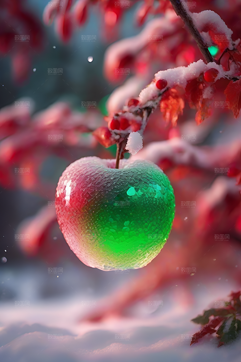 覆雪枝条下的晶莹苹果