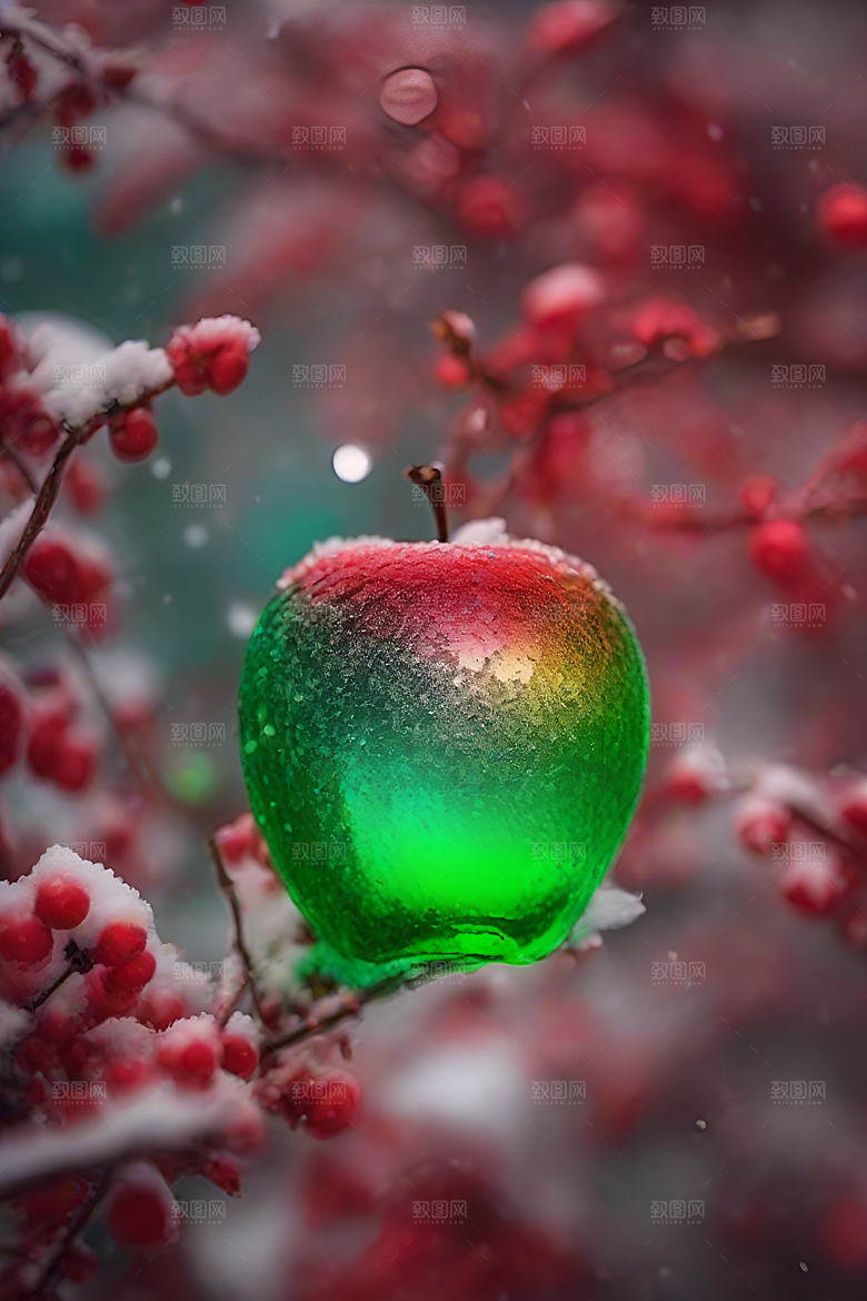 覆雪枝条下的晶莹苹果