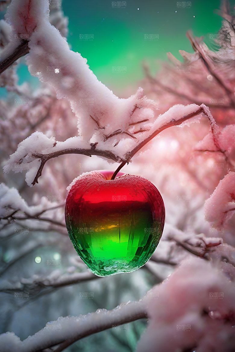 覆雪枝条下的晶莹苹果