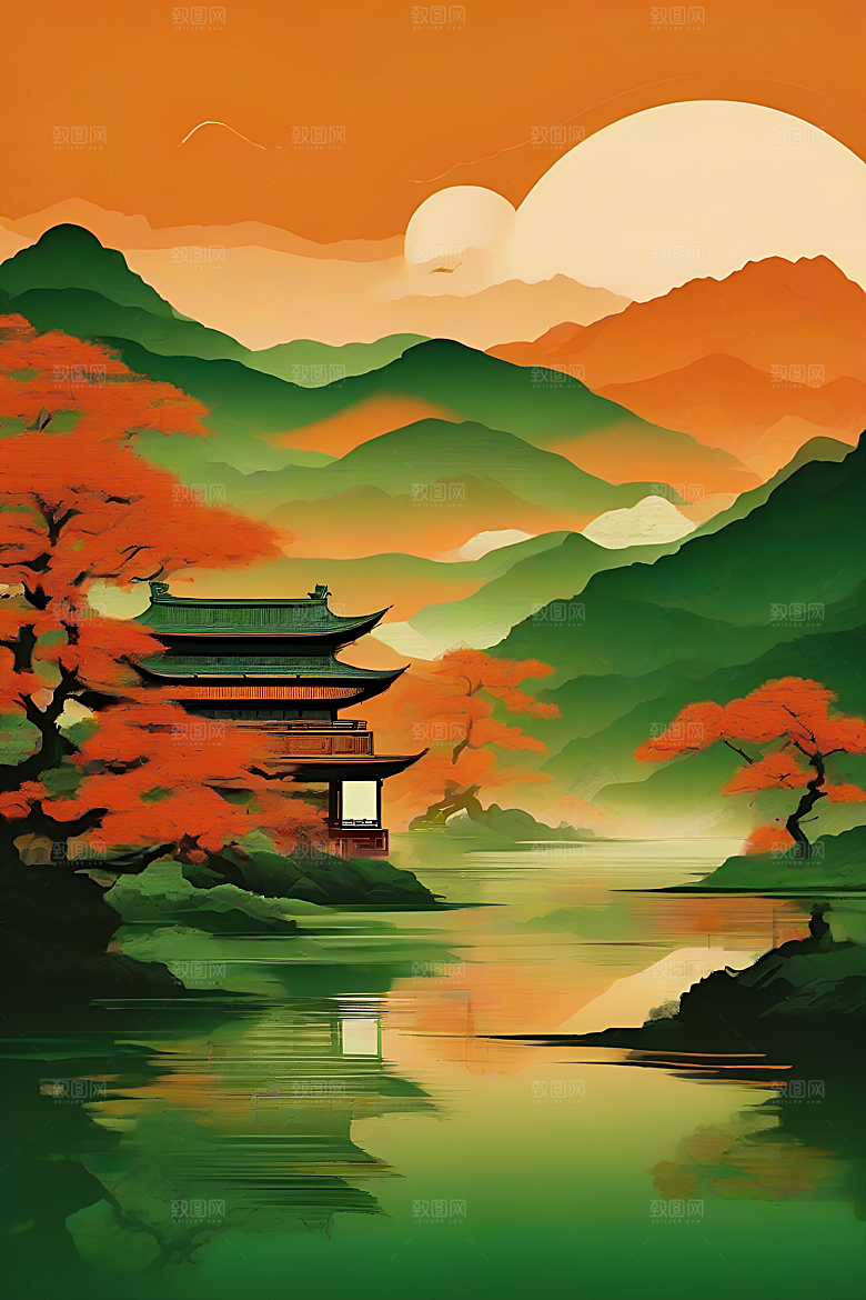 暗橙绿色彩渐变插画
