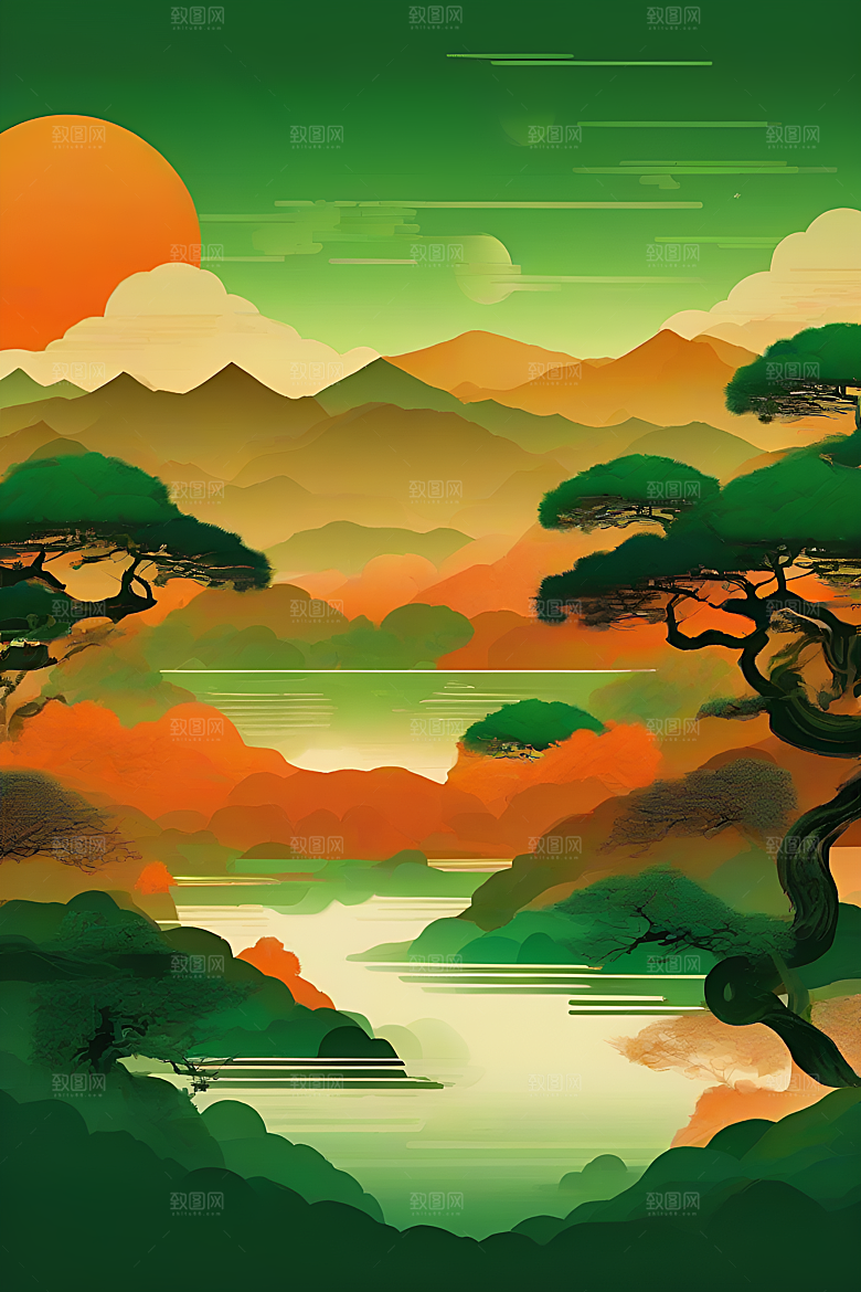 暗橙绿色彩渐变插画