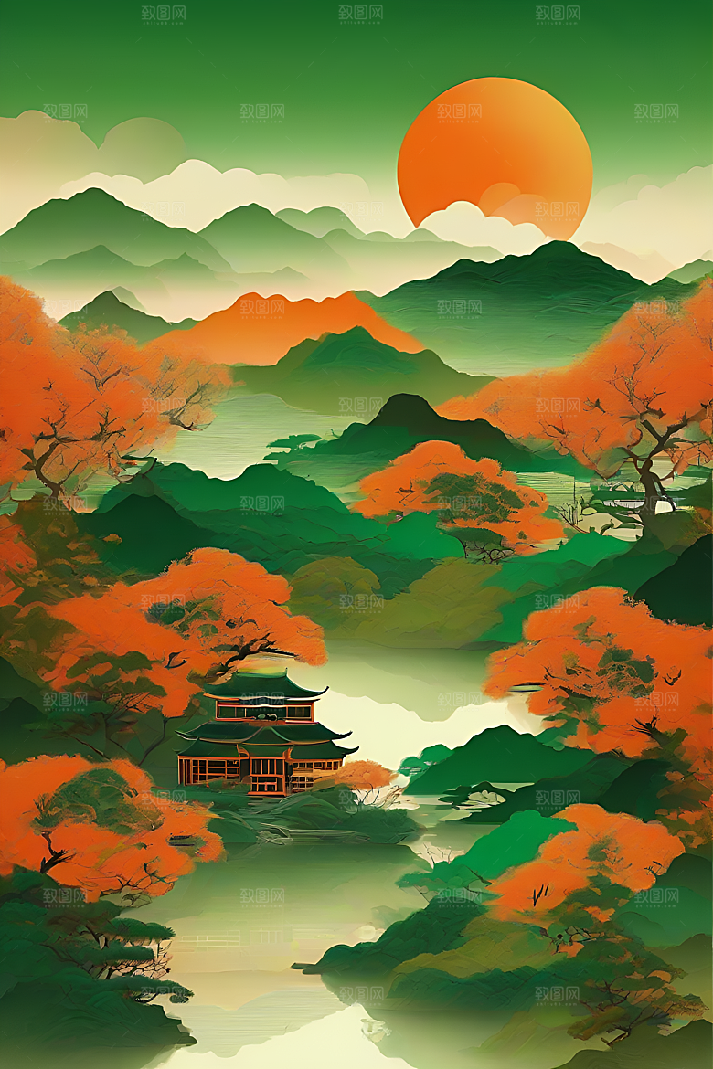 暗橙绿色彩渐变插画