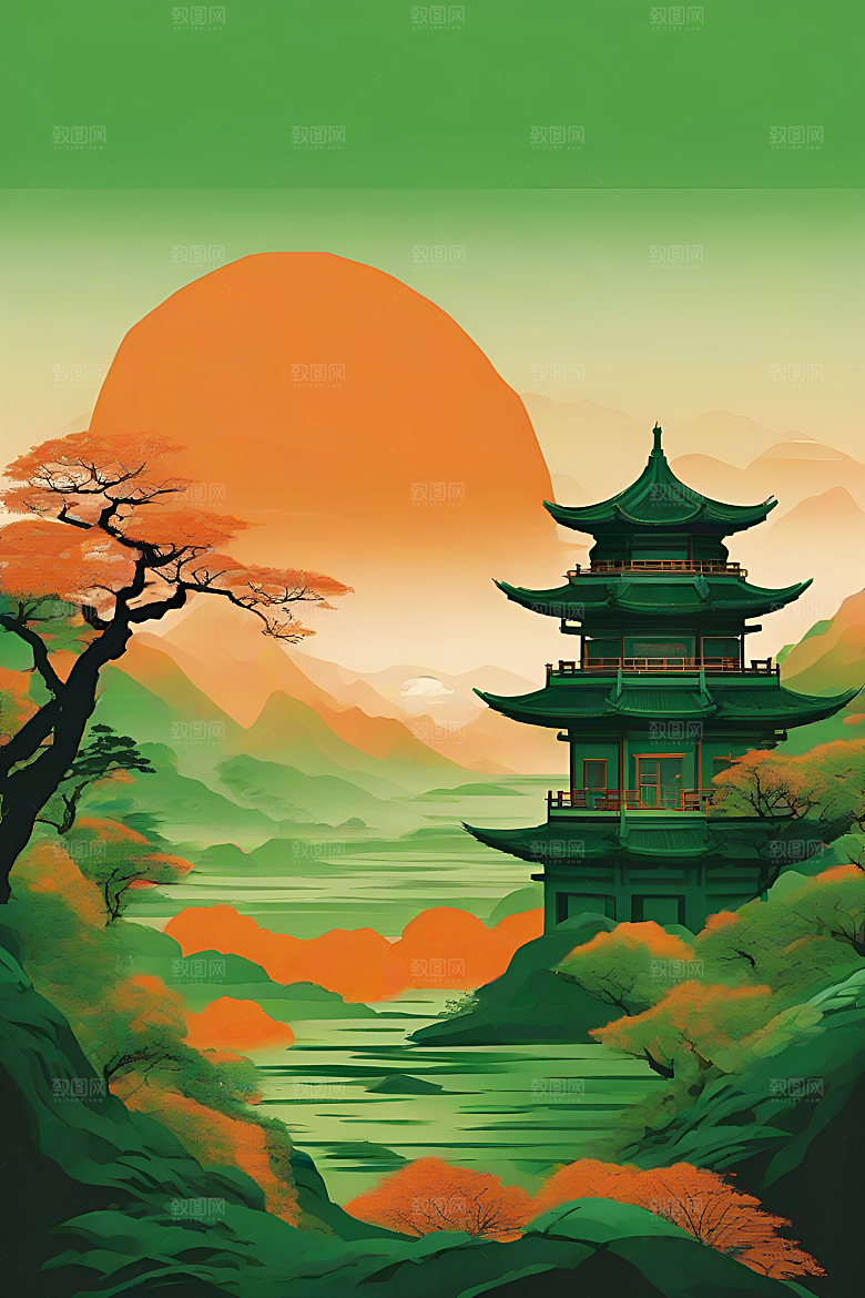 暗橙绿色彩渐变插画