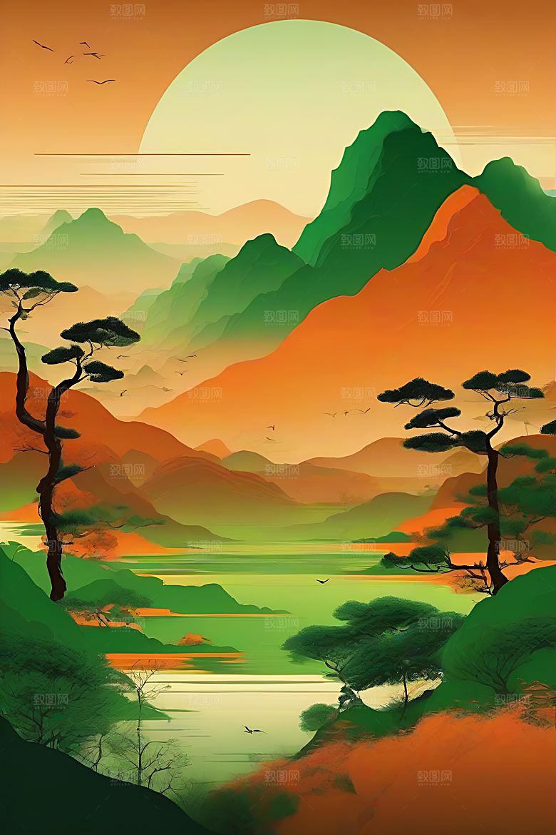 暗橙绿色彩渐变插画