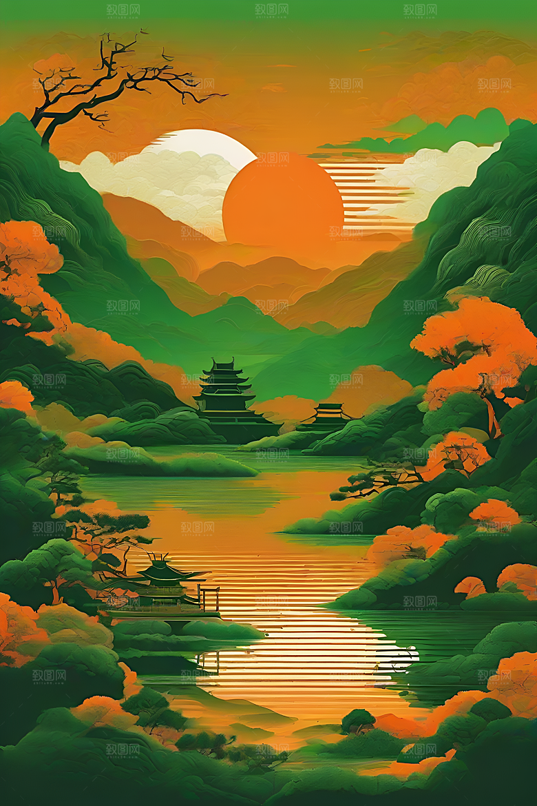 暗橙绿色彩渐变插画