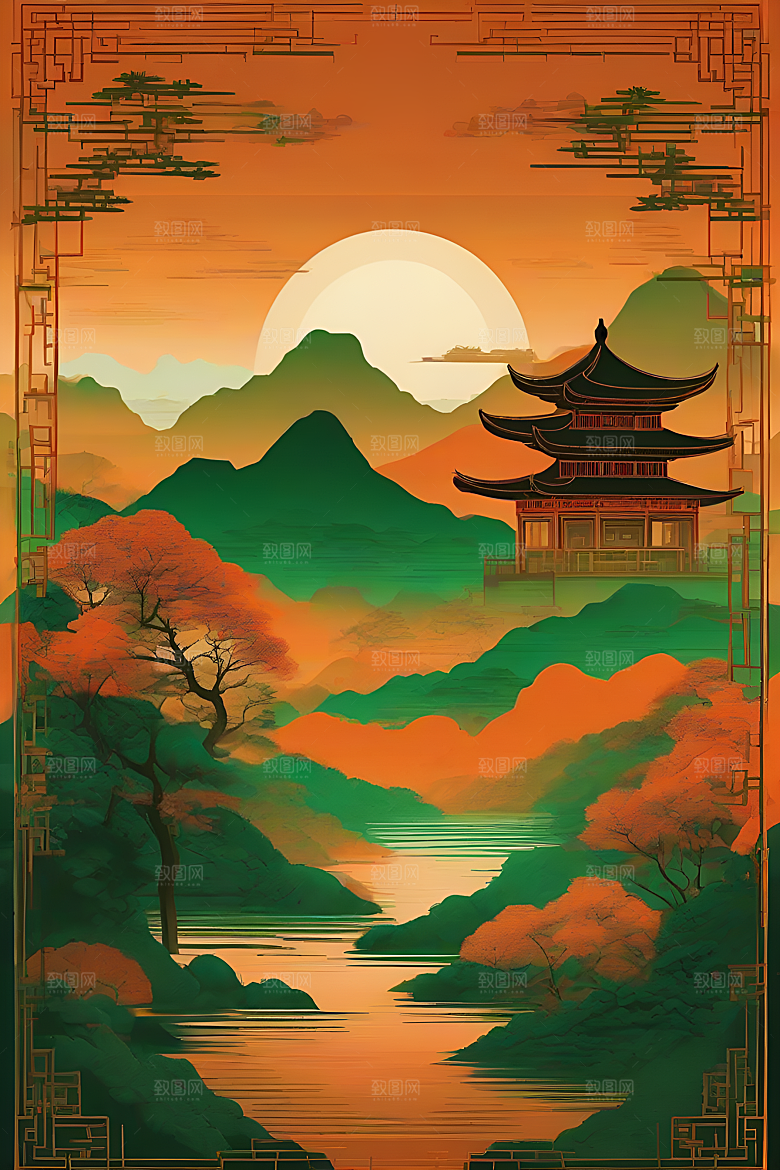 暗橙绿色彩渐变插画