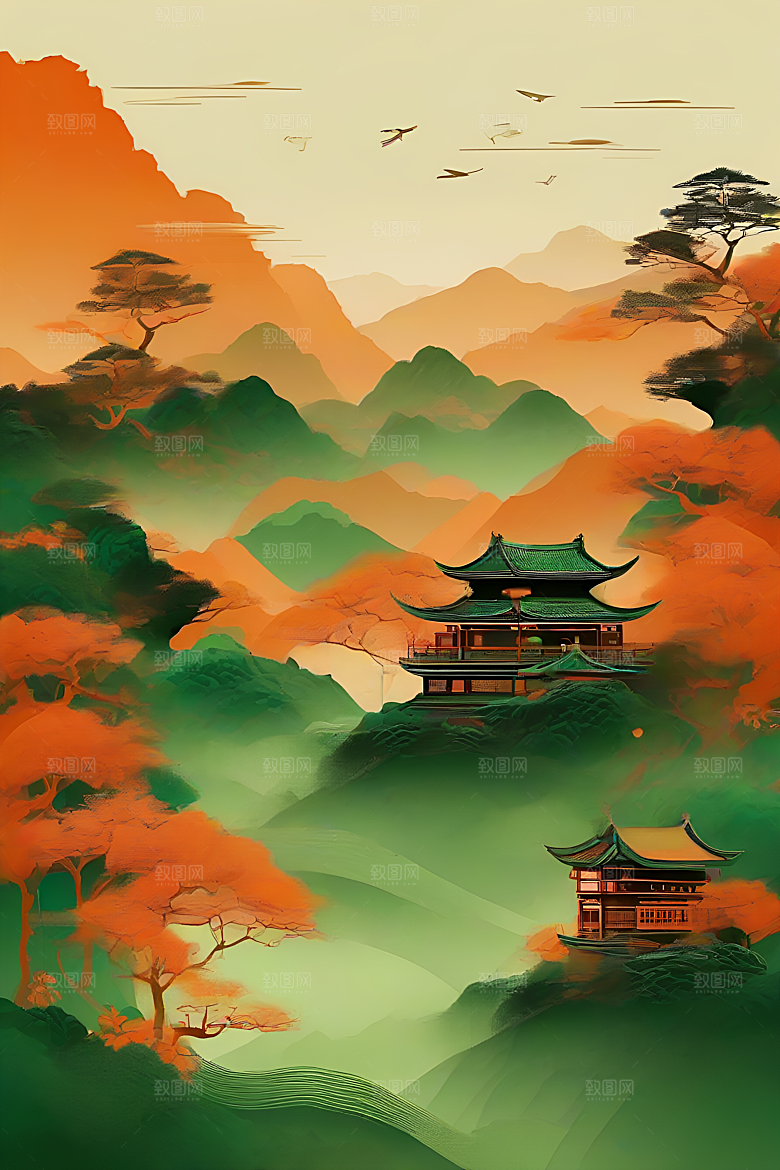 暗橙绿色彩渐变插画