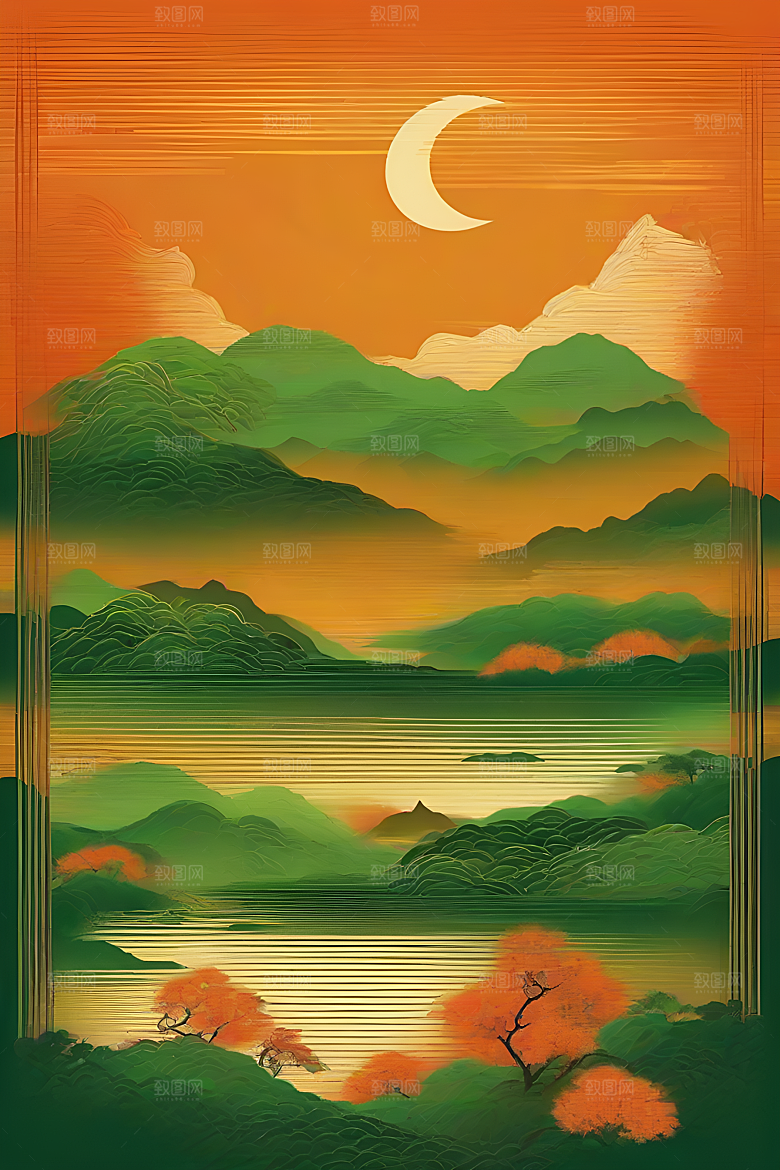 暗橙绿色彩渐变插画