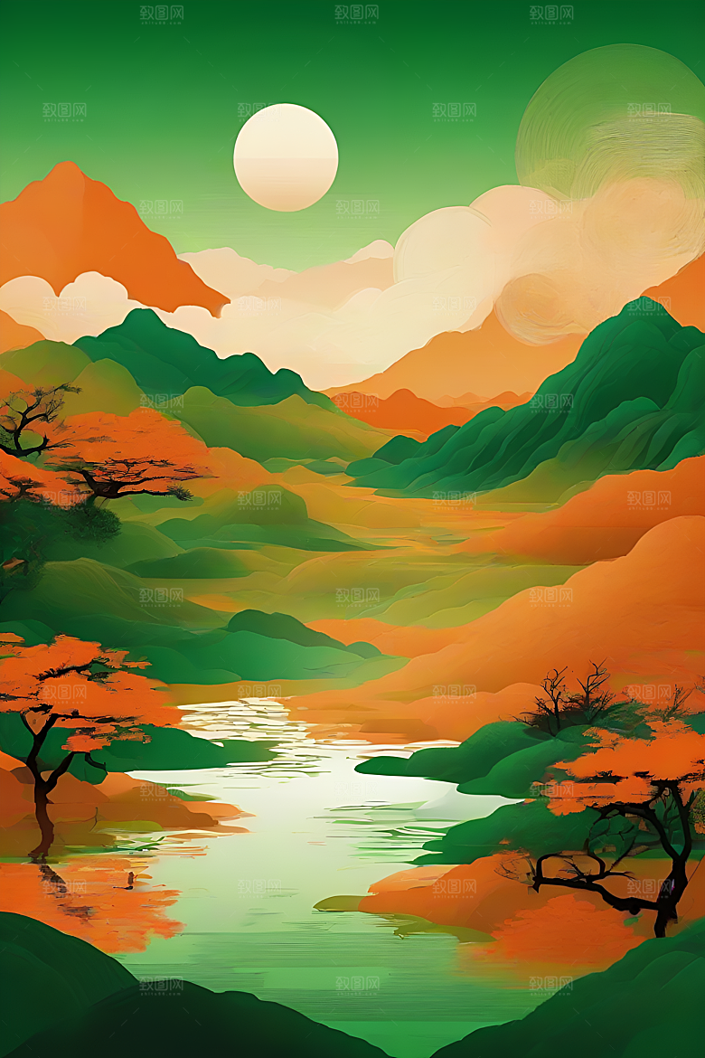 暗橙绿色彩渐变插画