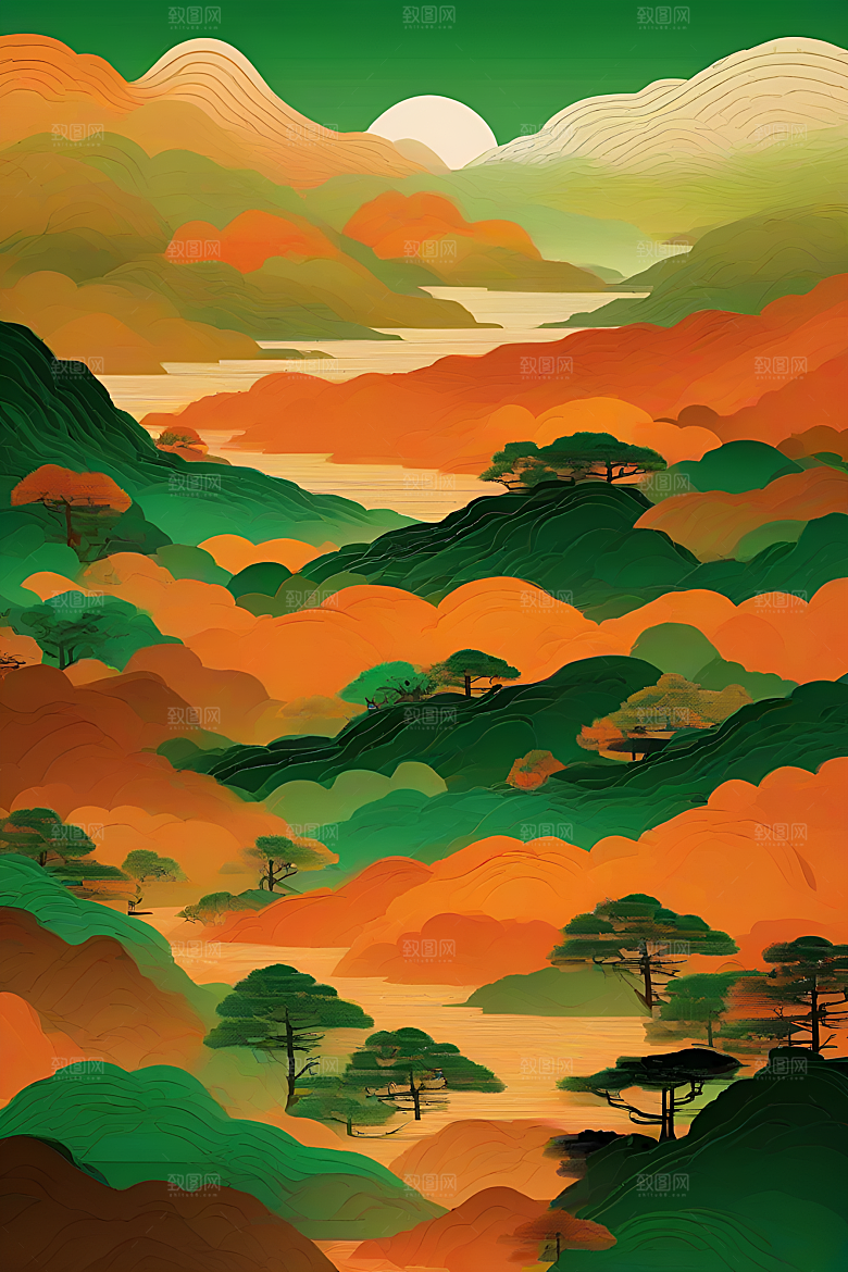 暗橙绿色彩渐变插画