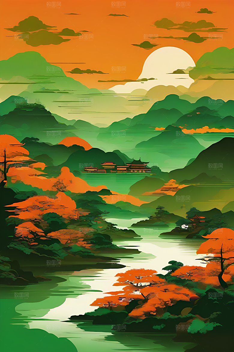 山水主题数字插画