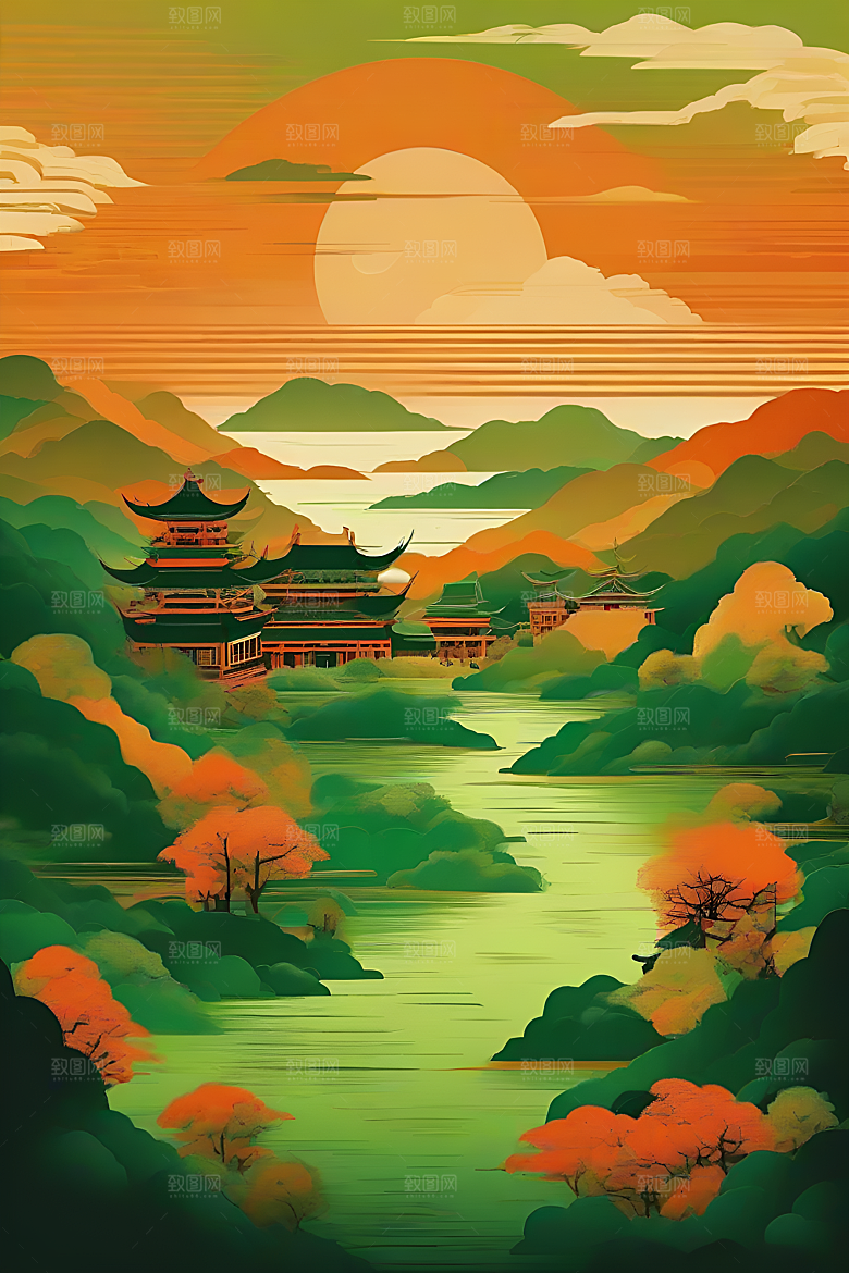 山水主题数字插画