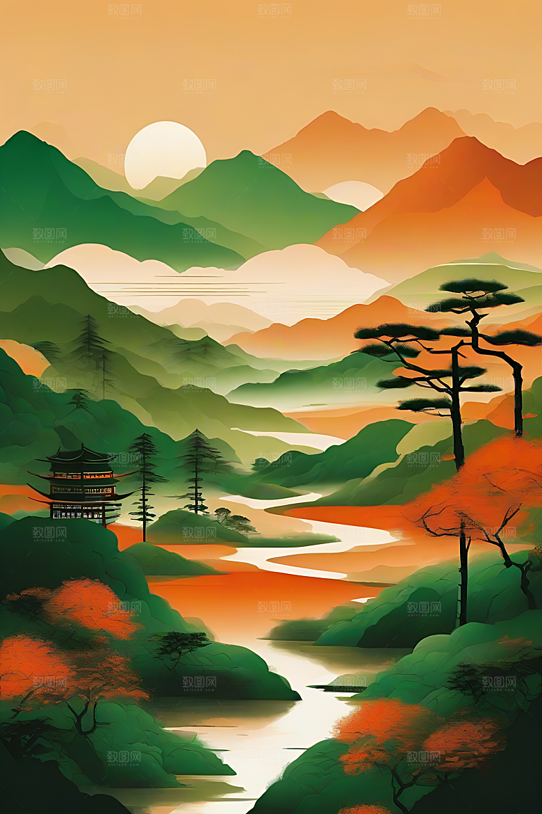 中国山水风格插图