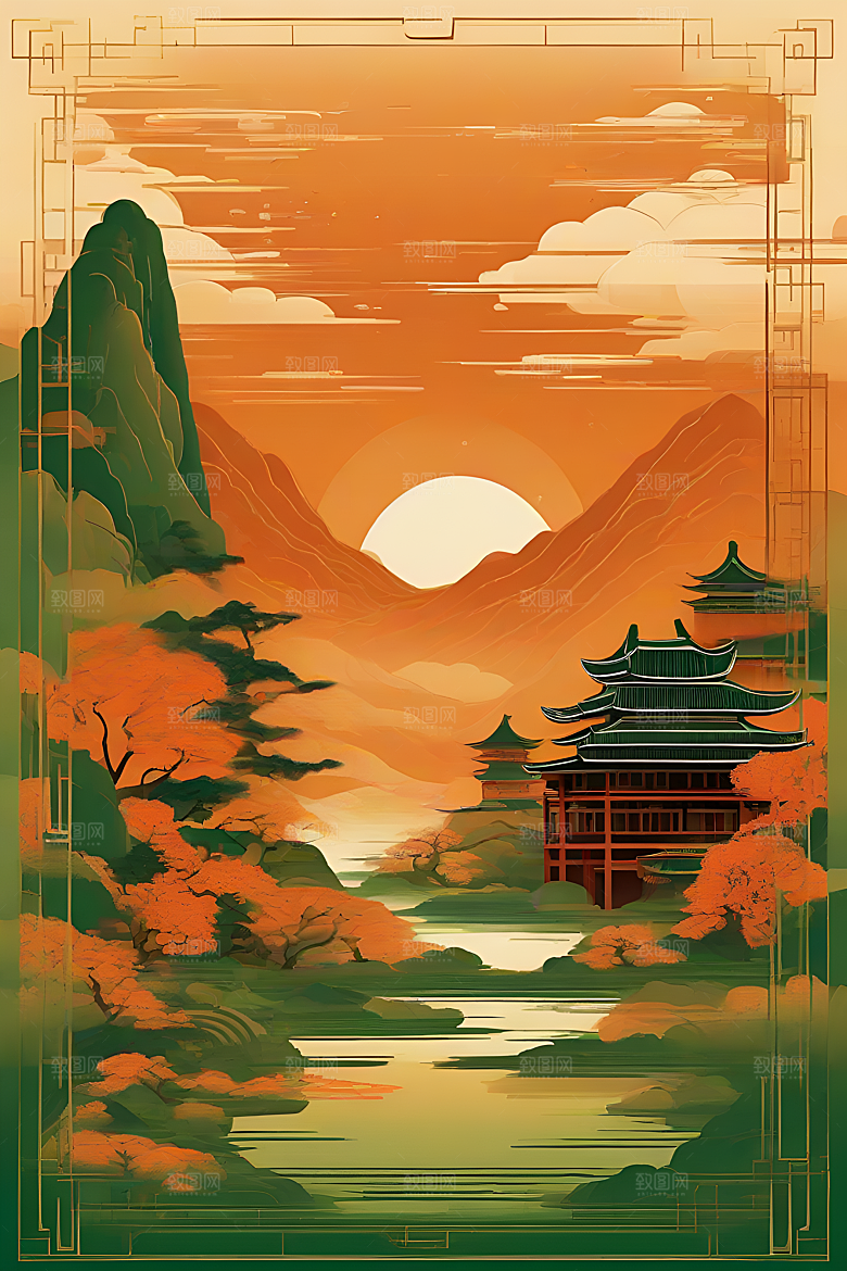 暗橙绿渐变色彩插画