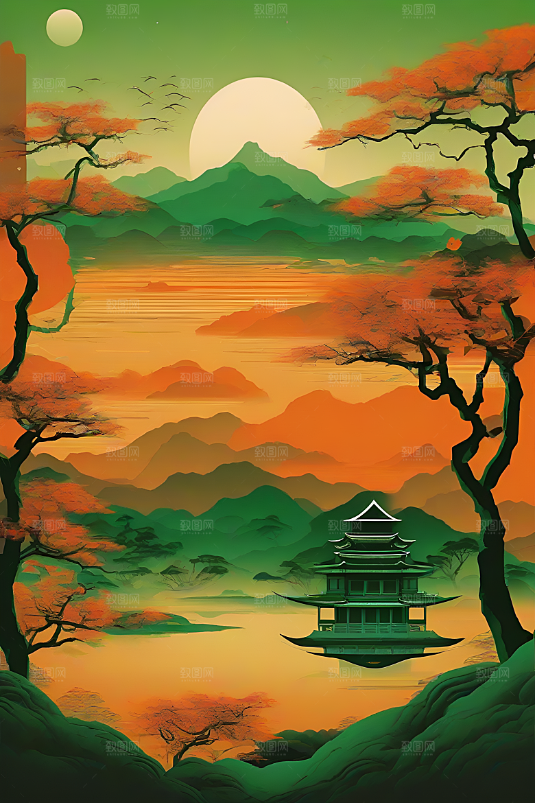 暗橙绿渐变色彩插画