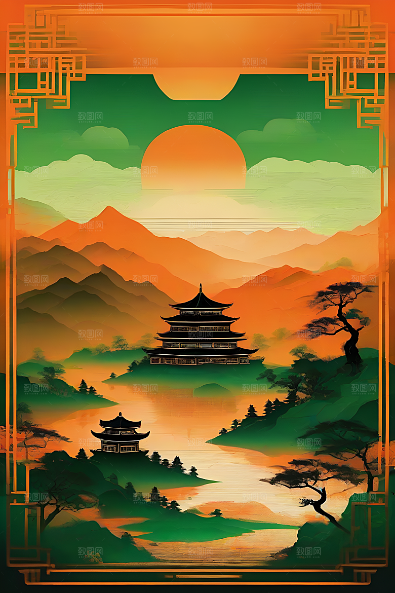 暗橙绿渐变色彩插画