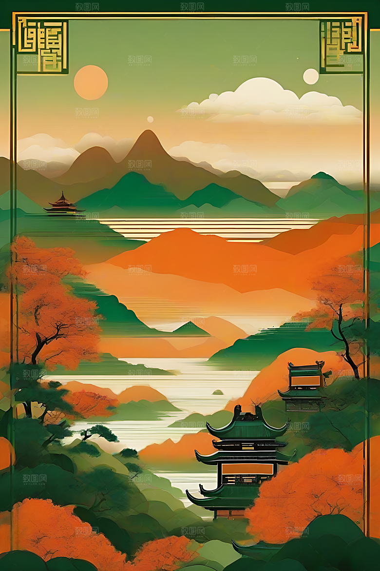 暗橙绿渐变色彩插画