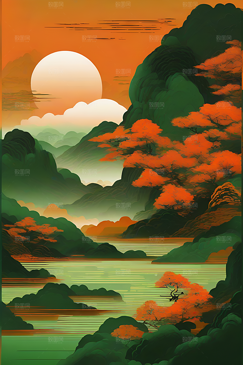 暗橙绿渐变色彩插画