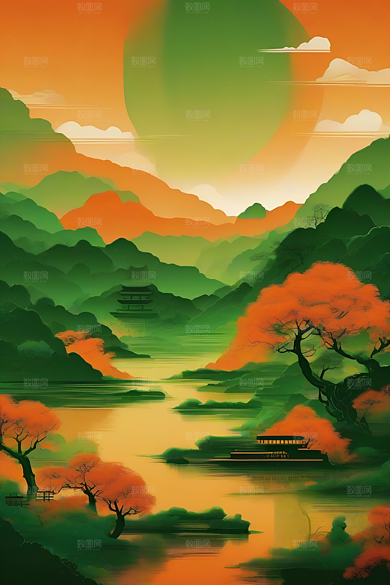 暗橙绿渐变色彩插画